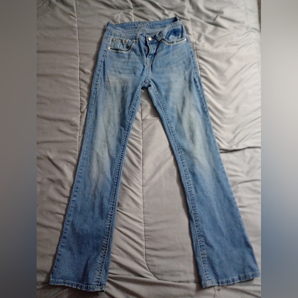 (USED)LAMASINI BLUE BOOTCUT/FLARED BLINGED JEANS - Picture 1 of 4